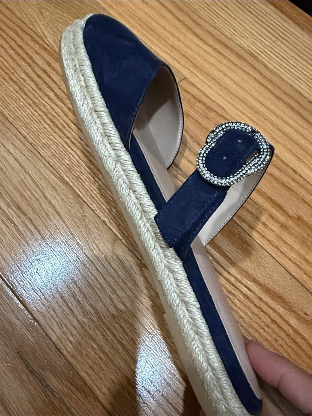 Stuart Weitzman Navy Suede Espadrille Slide with Crystal Buckle
